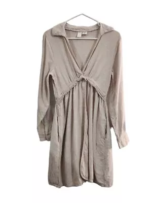 Joie Linen Blend Tan Long Sleeve Collared Wrap Shirt Dress Pockets Size Medium • $24.99