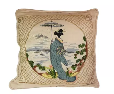 Vintage Asian Handstitched Pillow Crewel Embroidered Geisha Sea Scene 15  • $30