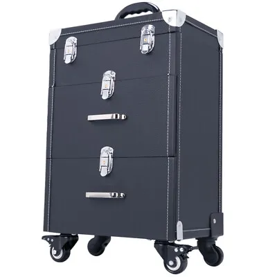 Black Leather Makeup Trolley Beauty Trolley Case On Wheels Beauty Nail Artist • £69.95