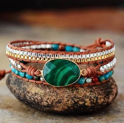 Natural Malachite Leather Wrap Bracelet Natural Stone Beaded Cuff Bracelets • $17.99