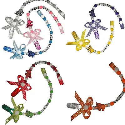 Personalised Bow Dummy Clips Chain Strap Boys Girls Any Name Plastic Mam • £3.25