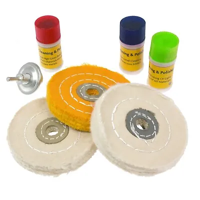 Buffing Wheel Kit Metal Cleaning Polishing + Compound Blocks Fits Drill (7PC) • £11.51