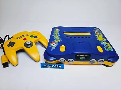 Nintendo 64 N64 Pokemon Pikachu Blue Yellow Console + Pokemon Controller + Cords • $399