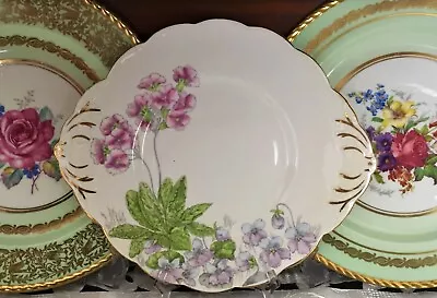 Vintage Salisbury Bone China England Green & Pink Floral Cake Plate C1953 • $35