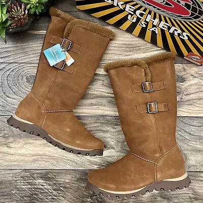 NIB Skechers Grand Jams Snowdrop Mid Calf Winter Boots Chestnut Suede 9 • $95