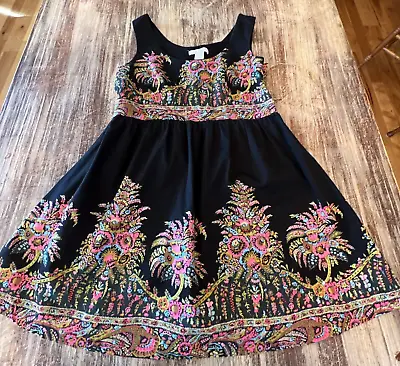 Y2K DRESS BLACK FLORAL Pink Green Hippie Boho FESTIVAL Groovy Mod Fairy Retro M • $11.99