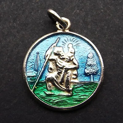 Saint Christopher Sterling Silver Blue And Green Enamel Round Charm Or Pendant • £14.99