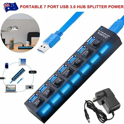Portable 4/ 7 Port USB 3.0 HUB Splitter Power Chord Super High Speed For Laptop • $5.49
