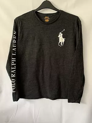 Polo Ralph Lauren Charcoal Crew Neck Long Sleeve Logo Sleeve Print Tshirt Men L • £17.64