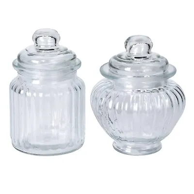 Set Of 2 Ribbed Sweet Jar Glass Storage Candy Container Vintage Wedding Airtight • £7.99