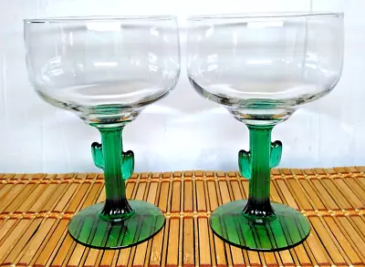 Martini Stemmed Glass Clear Green Cactus Pair Of Margarita Fiesta 12 Oz Glasses • $12.62