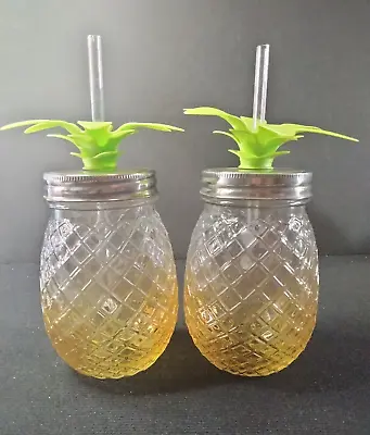 Pair Of Pineapple Shaped Glass Cocktail Drinking Mason Jar Tumbler W/ Straw • $19.99