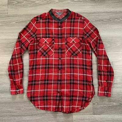 Vince Shirt Womens Size 8 Red Plaid Button Up Leather Band Collar Long Sleeve • $26.95