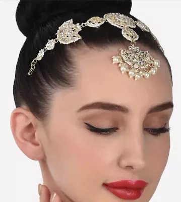 Indian Bollywood Wedding Fashion White Kundan Pearl Mang Tikka Head Jewelry Set • $20.15