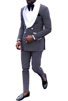 Black Polka Dots Men Suit Shawl Lapel Groom Party Prom Tuxedo Wedding Suits • $88.20