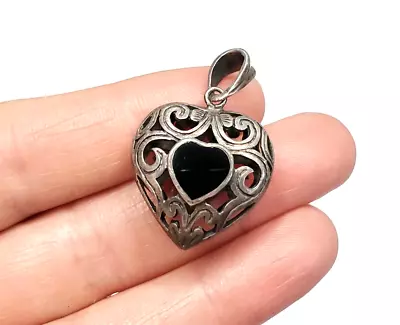 Vintage Sterling Silver 925 Filigree Black Onyx Puffy Open Work Heart Pendant • $59.99