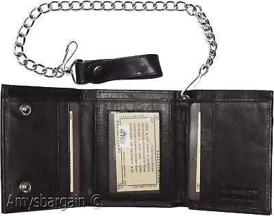 Men's Genuine Leather Trifold Chain Wallet Motorcycle Trucker Biker Black Wallet • $15.96