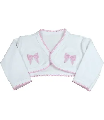 BabyPrem Baby Girls Clothes White Bolero Cardigan Shrug With Pink Bows 0-9months • £7.99