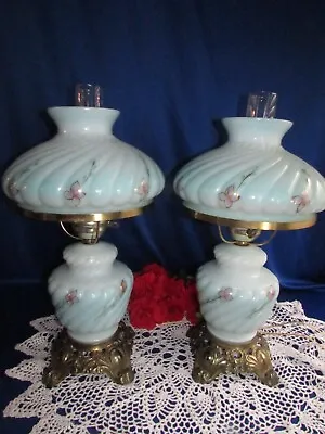 Vintage Pair Gwtw Hurricane Teal Green Swirl Handpainted Table Lamps 20  3 Way • $159.99