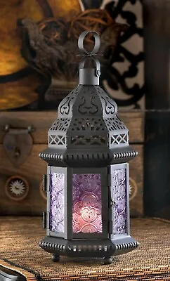 Stunning Iron Glass Purple Exotic Moroccan Style Candleholder Lantern Home Decor • $23.89