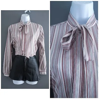 Vintage 70s 80s St Michael Grey Brown Stripe Pussycat Bow Shirt Blouse 12 14 M • £10