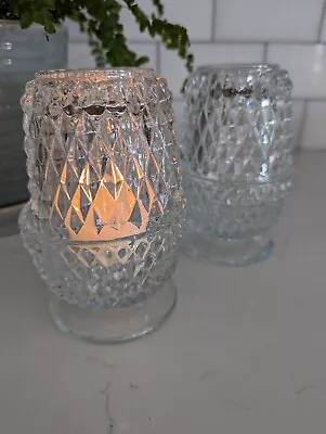 PAIR Of Vintage FAIRY LAMPS Diamond Point Clear Glass 2 Pieces Votive Candle  • $28