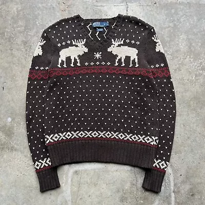 Vintage Polo Ralph Lauren Knit Sweater Brown Reindeer Nordic Moose Size Large • $55