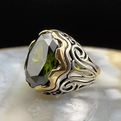 Men's Ring 925K Sterling Silver Turkish Handmade Jewelry Peridot Stone All Size • £54.05