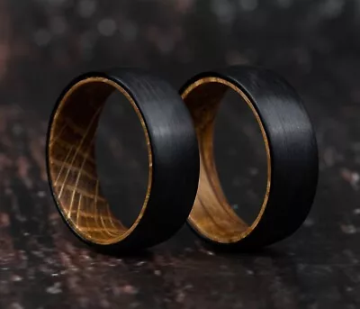 Whiskey Barrel Ring Tungsten Black Plain Wood Inside Wedding Band Ring For Men • $29.97