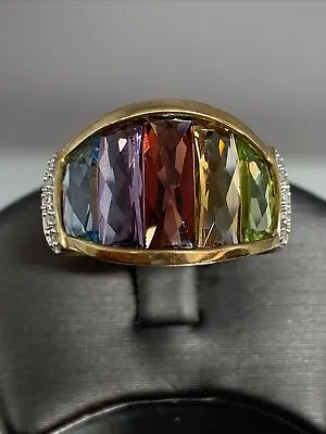 10K HN YELLOW GOLD MULTI GEMSTONE RAINBOW DIAMOND ACCENT RING Size 6.25 • $350