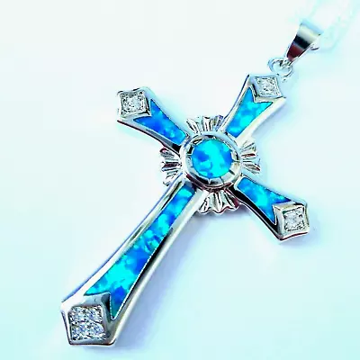 (sp 7)  Gorgeous Blue Fire Opal Cross Pendant • £17.99