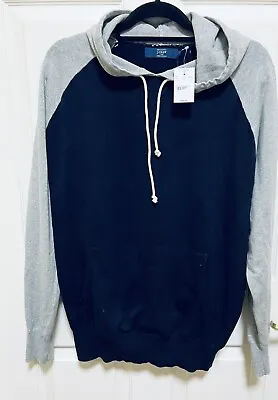 J Crew Hoodie Mens XL Navy & Grey Cotton Sweatshirt Hooded Knit Drawstring New • $25