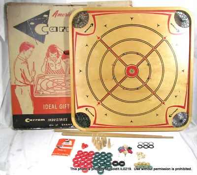 VINTAGE CARROM BOARD GAME W/ ORIGINAL BOX 1963 MANUAL & GAME PIECES • $55