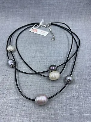 Majorica 1890 Multi Strand Leather Cord Pearl Sterling Adjustable Necklace • $139.99