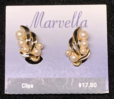 Brand New Vintage Marvella Faux Pearl Gold Tone Black Fern Clip-on Earrings NOS • $19.99