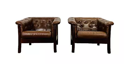 Danish Mid-century Vintage Brown Leather & Rattan Club Chairs • £1495