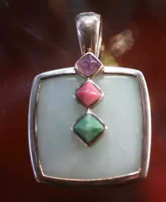 Vintage :wk 925 China Sterling Silver Square Light Jade Pendant W/3 Stones: 1  • $29.99