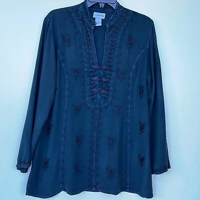 SOFT SURROUNDINGS Small Mandarin Embroidered Tunic Top Knot Closure Rayon Blue • $16.99