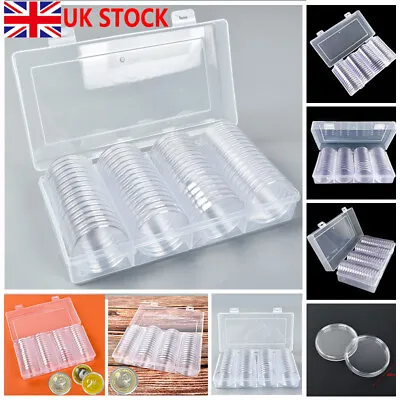 60 Pcs 40mm Plastic Clear Coin Capsules Storage Box Holder W/ Case Container UK • £13.99