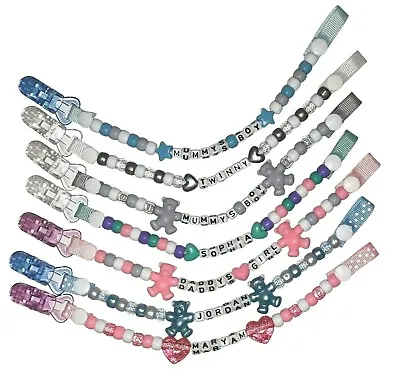 Personalised Dummy Clip Clips Chain Strap Boys Girls Any Name PLASTIC OR METAL • £3.25