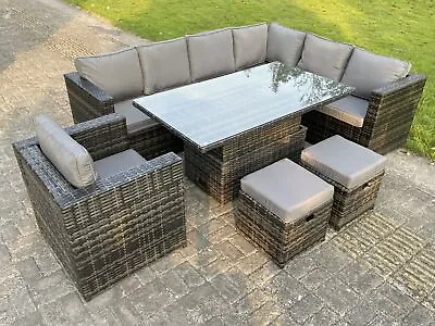 Fimous Corner Rattan Garden Furniture Set Adjustable Rising Dining Coffee Table  • £839