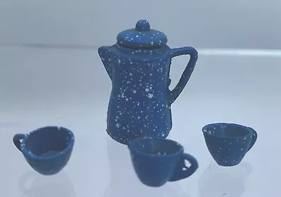 Blue Enamelware Speckled Painted Coffee Pot + 3 Cups Miniature Dollhouse Taiwan • $5.95