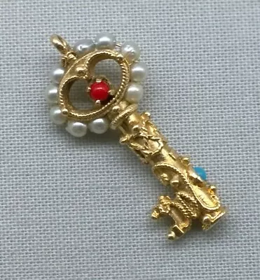 Vintage 14K Gold Key Charm Pendant Pearls Etruscan Style Jeweled 14KT 3.32 Grams • $245