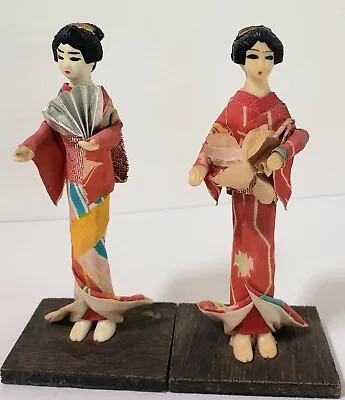 Vintage Japanese Geisha Dolls 4.5  Tall Plastic With Silk Fabric Dress Lot Of 2  • $55.99