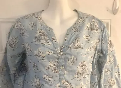 CABBAGES & ROSES WOMENS LINEN Ship PRINT BLOUSE SIZE L Blue Spring • $37.50