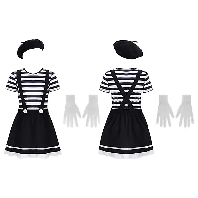 Kids Girls Halloween Mime Artist Cosplay Costume Festive Suspender Dress Up Set • £9.59