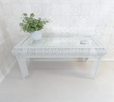 £109 • Buy White Coffee Table Embossed Moroccan Style Metal Glass (GZ446)