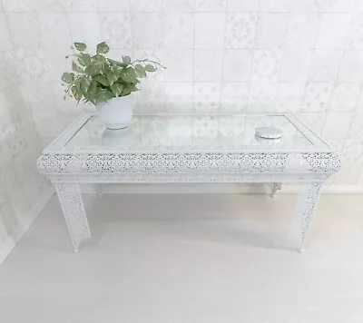 £109 • Buy White Coffee Table Embossed Moroccan Style Metal Glass (GZ446)