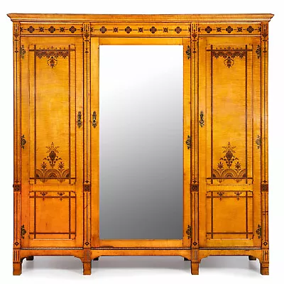 English Edwardian Antique Satinwood Three-Door Armoire Wardrobe C. 1880s • $13900