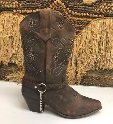 Oak Tree Farms Womens  Brown Leather Braided Silver Chain Cowboy Boots SZ 7  786 • $99.99